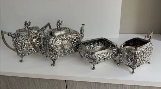 Kirk Repousse Sterling Silver 11oz Mark Tea Set Excellent Condtion 4 pcs: 4 Pc Early Kirk Repousse Sterling Silver 11oz Mark Tea Set Excellent Condtion. Super vintage condition.In the very desirable rectangular shape. period ''R'' monogramOver 67 troy oz7 1/2'' tall tea pot
