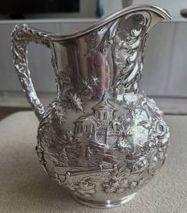 Kirk Repousse Sterling Silver Landscape Water Pitcher No Monogram: Kirk Repousse Sterling Silver Landscape Water Pitcher. Super condition...rare find...flawless measures approx 8 3/4"over 28 troy oz..