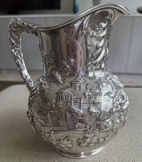 Kirk Repousse Sterling Silver Landscape Water Pitcher No Monogram