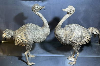 Mario Buccellati Sterling Silver Tall and Large Pair of Ostrich Figurines Statuette Made in Italy
