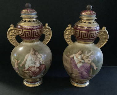 Royal Vienna Handpainted Pair of Porcelain vase urn with Makers mark and lid: Royal Vienna Handpainted Pair of Porcelain vase urn with Makers mark and lid Measures approx 7.5 inches tall 4 inches at widest point