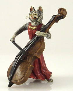 Fritz Bermann Austrian Vienna BronzeCAT LADY in Dress Musician with SAXOPHONE FBW: Fritz Bermann Austrian Vienna Bronze CAT LADY in Dress Musician with BASS FBW. handmade and handpainted in Austria by the Bermann Company. The object bears the golden "FBW" mark (Fritz Bermann Wien).