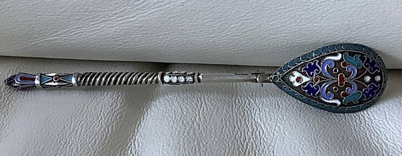 RUSSIAN IMPERIAL SILVER 84 ENAMEL BROOCH SPOON 1850-1899: RUSSIAN IMPERIAL SILVER 84 ENAMEL BROOCH SPOON 1850-1899 Measures approx 4 3/4 inches long