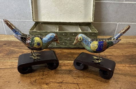 Chinese Cloisonne Pair of Birds With Orig Box: Chinese Cloisonne Pair of Birds With Orig Box. Box hase some signs of use.