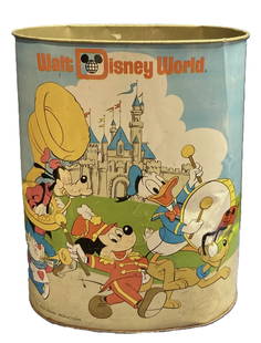 Disney Mickey Mouse Tin Litho Can Walt Disney Productions By CHEINCO 1960: Disney Mickey Mouse Tin Litho Can Walt Disney Productions By Chein Co The graphics on this vintage trashcan are still in pretty good shape. It does have some rust in the inside. It also has several de