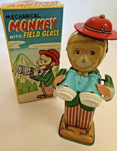 Tin Litho Wind-Up MONKEY with FIELD GLASS With Orig Box - JAPAN 1960 Works!: Tin Litho Wind-Up MONKEY with FIELD GLASS With Orig Box - JAPAN 1960 Works! Excellent "near mint" overall condition.No damage or repairs.Wind-up functionality in good working order.Includes original b