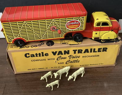 Louis Marx Tin Litho Large Live Stock Company  Truck With Cattle and Original Box.: Louis Marx Tin Litho Large Live Stock Company Truck With Cattle and Original Box.The Box has some signs of age wear Measures approx 16 inches long