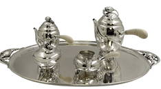 Georg Jensen Sterling Silver Hammered 5-Piece Tea & Coffee Set on Tray in Blossom Pattern Made in
