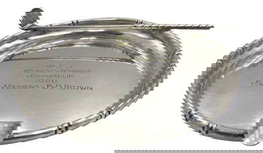 Golf Themed Sterling Silver Cigar Ashtray: Golf Themed Sterling Silver Cigar Ashtray. Sterling silver cigar ashtray, beautifully adorned with a realistic golf club. It measures 7'' in diameter (length of the club is 7 1/4'') by 1 1/3'' in