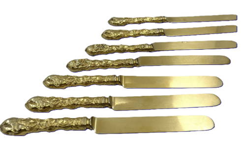 Gorham Gilt Sterling Silver Dinner Knives in Violet Pattern from Roebling Estate Rare Set of 7: Gorham Gilt Sterling Silver Dinner Knives in Violet Pattern from Roebling Estate Rare Set of 7 Set of 7 Gorham gilt sterling silver dinner knives in the Violet pattern, custom made for Washington Augu