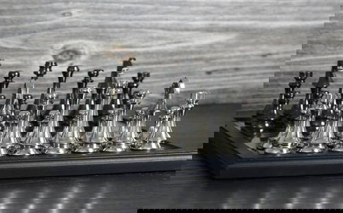 Silver and Black Metallic Chess Set | Metal Chess Board, Metal Chess Pieces With Case: Silver and Black Metallic Chess Set | Metal Chess Board, Metal Chess Pieces With Case. Great new condition Measures approx King 3.5” queen 3.25” bishop 3” knight 3.6” rook 2.75