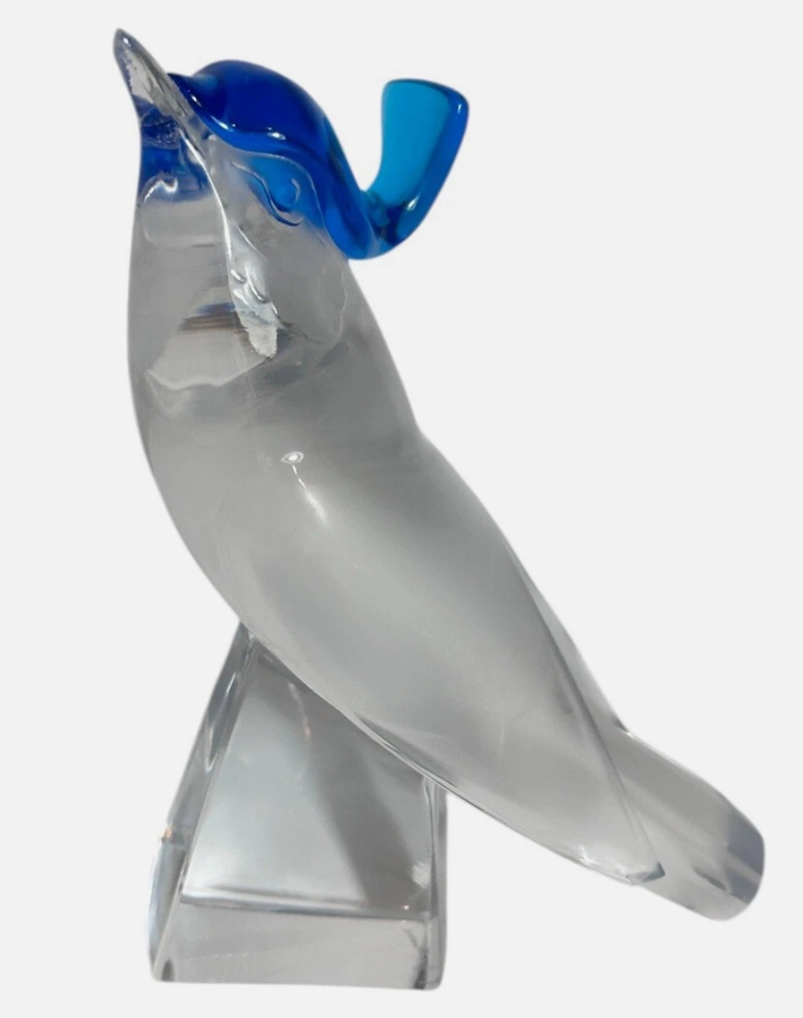 Lalique Signed Blue Jay Bird Made in France: Lalique Signed Blue Jay Bird Made in France blue jay bird in a combination of clear, frosted and blue colored crystal glass. Signed Lalique France on underside. Height approx. 4.5" x width 3" x depth 