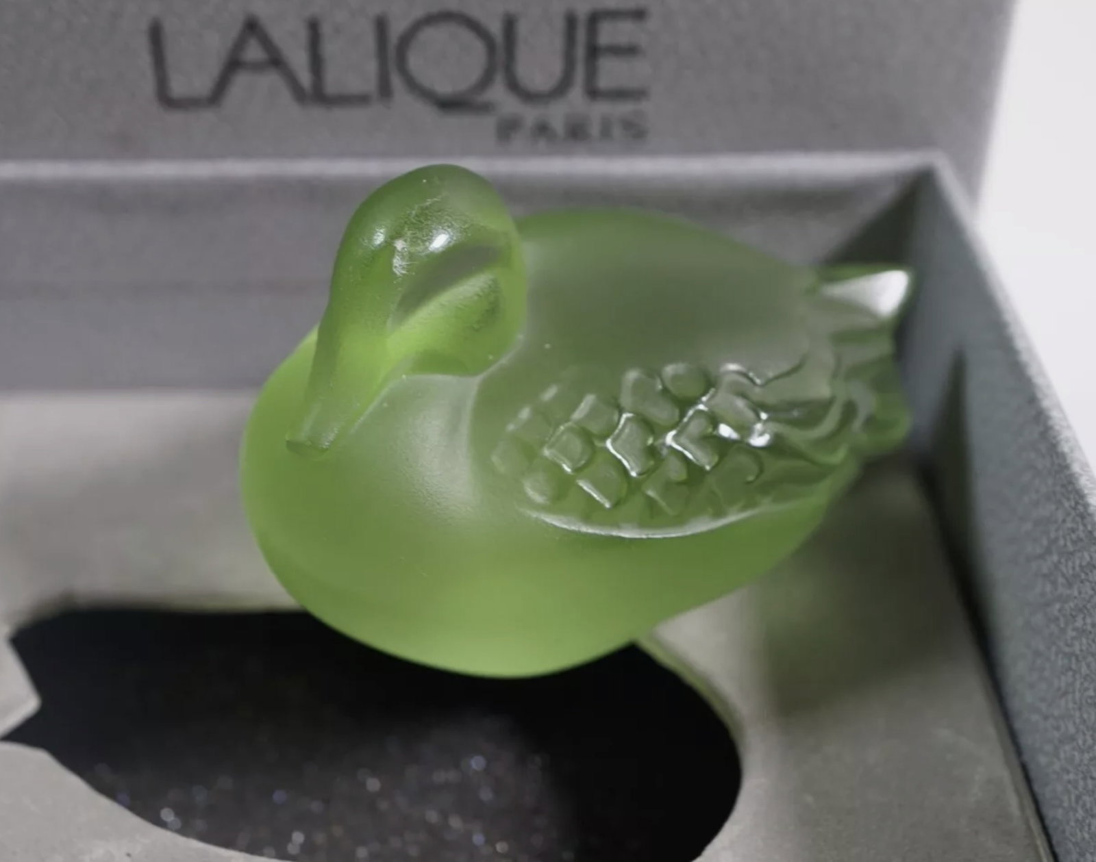 Lalique France Crystal Canard Frosted Sleepy Duck Green: Lalique France Crystal Canard Frosted Sleepy Duck Green In Orig Box. Measures approx 2 1/2” x 1 3/4”