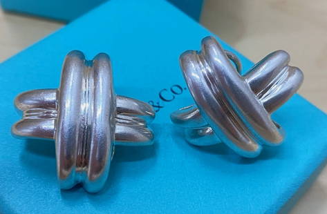 Tiffany & Co. Sterling Silver 925 X Earrings Stud Pair With Original Box: Tiffany & Co. Sterling Silver 925 X Earrings Stud Pair Omega clips With Original Box Size Large