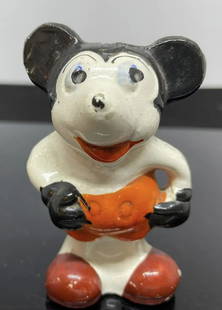 WALT DISNEY EARLY MICKEY MOUSE BISQUE MINIATURE JAPANESE FIGURINE: WALT DISNEY EARLY MICKEY MOUSE BISQUE MINIATURE JAPANESE FIGURINE Measures approx 3 1/2 inches tall. Some wear and tear due to age. Light chipping, overall good condition.
