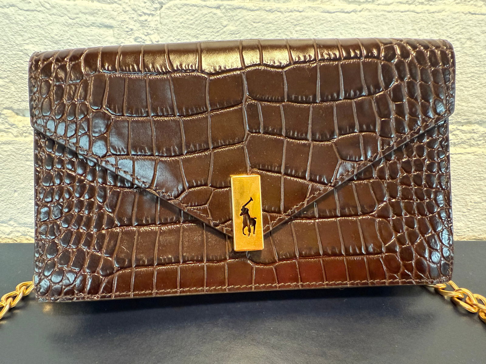 Polo Ralph Lauren Crossbody/Clutch. Brown Embossed Calfskin Leather (1 of 8)