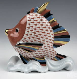 Herend Signed Rust Porcelain Tropical Fish on Wave With 24k Gold Accents Made in Hungary Orig Box: Herend Signed Rust Porcelain Tropical Fish on Wave With 24k Gold Accents Made in Hungary Orig Box. Measures approx 4 1/8 in tall , long is 4 inchesx 2 inches No Chips or cracks