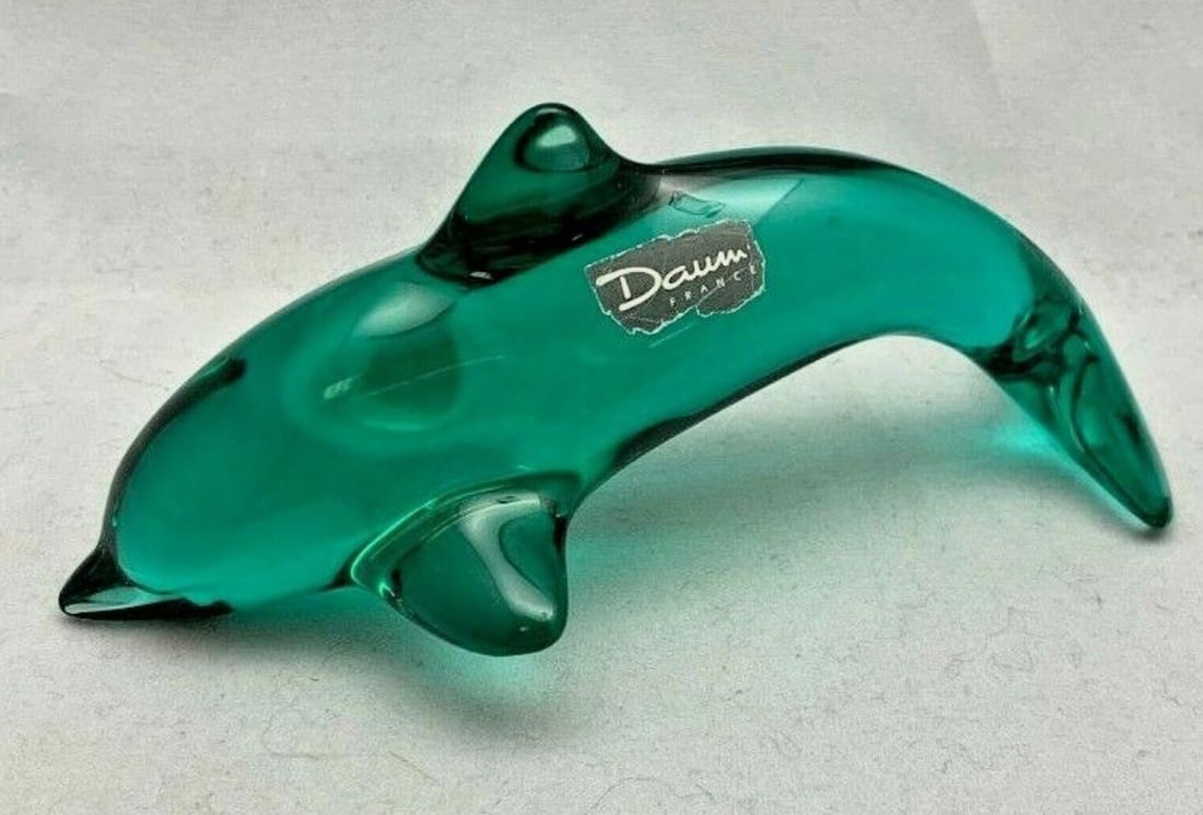 DAUM Crystal Signed Emerald Green DOLPHIN Figurine. Made in France (1 of 7)