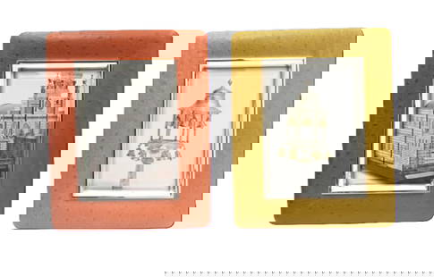 Del Conte Pair of Sterling Silver & Snakeskin Picture Frames: Pair of Del Conte sterling silver and snakeskin custom picture frames with beveled glass and wood backs, measuring 6 1/2'' by 8 1/4'' in outer dimensions (picture size is 3 1/2'' by 5 1/2''). Perfect