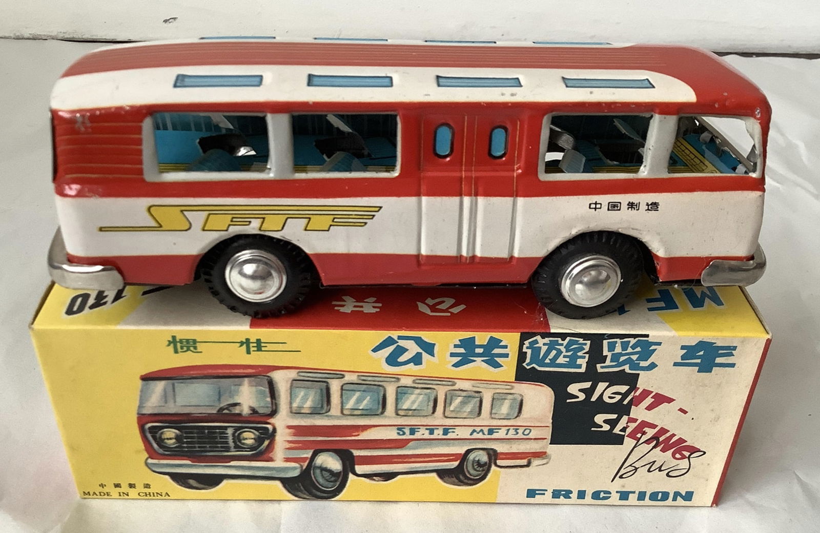 Red China Tin Friction MF-130 SIGHT-SEEING PASSENGER BUS With Original Box (1 of 6)