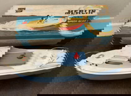 Merlin Electric Speed Boat A Sutcliffe Model Kestrel Boat With Box Works: Merlin Electric Speed Boat A Sutcliffe Model Kestrel Boat With Box Works. Box has signs of wear