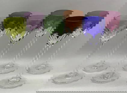 Baccarat Signed Crystal Genova Thumbprint Multicolor Crystal Cordial Shot Glasses Made in France 6: 6PC Set Baccarat Genova Thumbprint Multicolor Crystal Cordial Shot Glasses.Measurement is: each is 5"HSet of 6 elegand Baccarat fine multicolor crystal Genova Thumbprint cordial shot glasses.Signed on