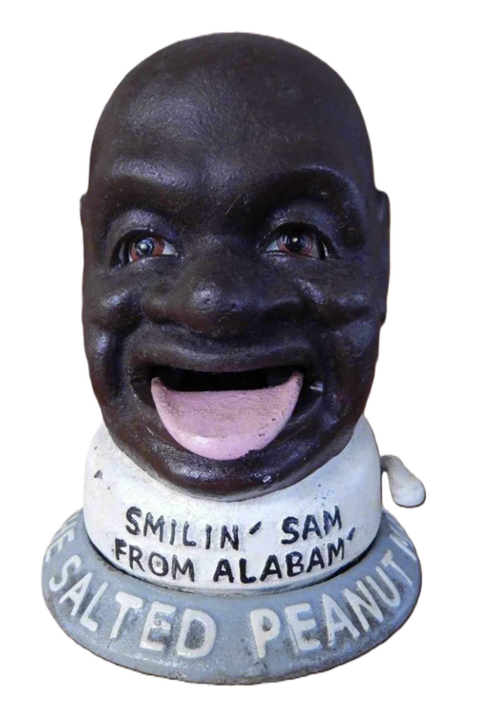 Black Americana JE STEVENS Smilin' Sam Cast Iron Mechanical Bank: Black Americana Smilin' Sam Cast Iron Mechanical Bank Repro Collection of 1930 Measures approx Height(Inches):6 Length(Inches):5 Width(Inches):5