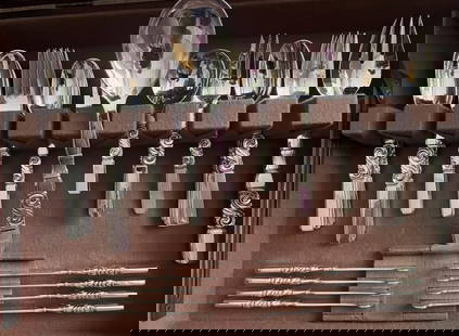 Georg Jensen Denmark Sterling Silver Scroll Flatware Set 68 Pc service for 8: 68 Pcs Georg Jensen Sterling Silver Scroll Flatware Set. Silverware chest not original to the set No monograms 8 dinner knives 8 7/8'' say Georg Jensen on blade8 dinner forks 7 ''8 salad forks 6 3/8''