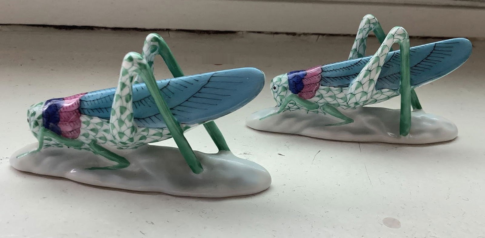 Herend Signed Green Porcelain Fishnet Pair of Grasshoppers Figurine Statuette. Made in Hungary (1 of 6)