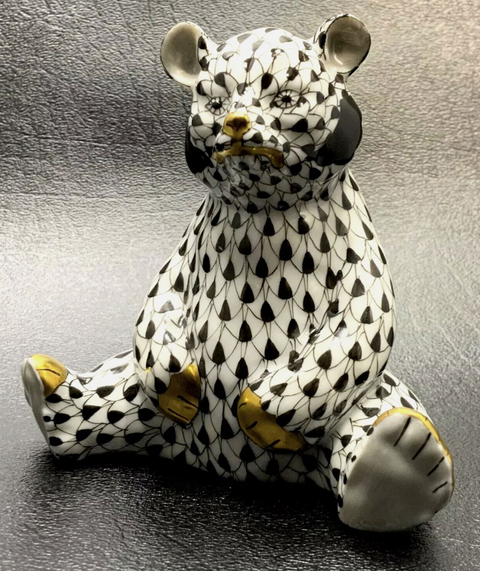 Herend Signed Porcelain Black Fishnet Bear Figurine With 24k Accents. Made in Hungary (1 of 5)