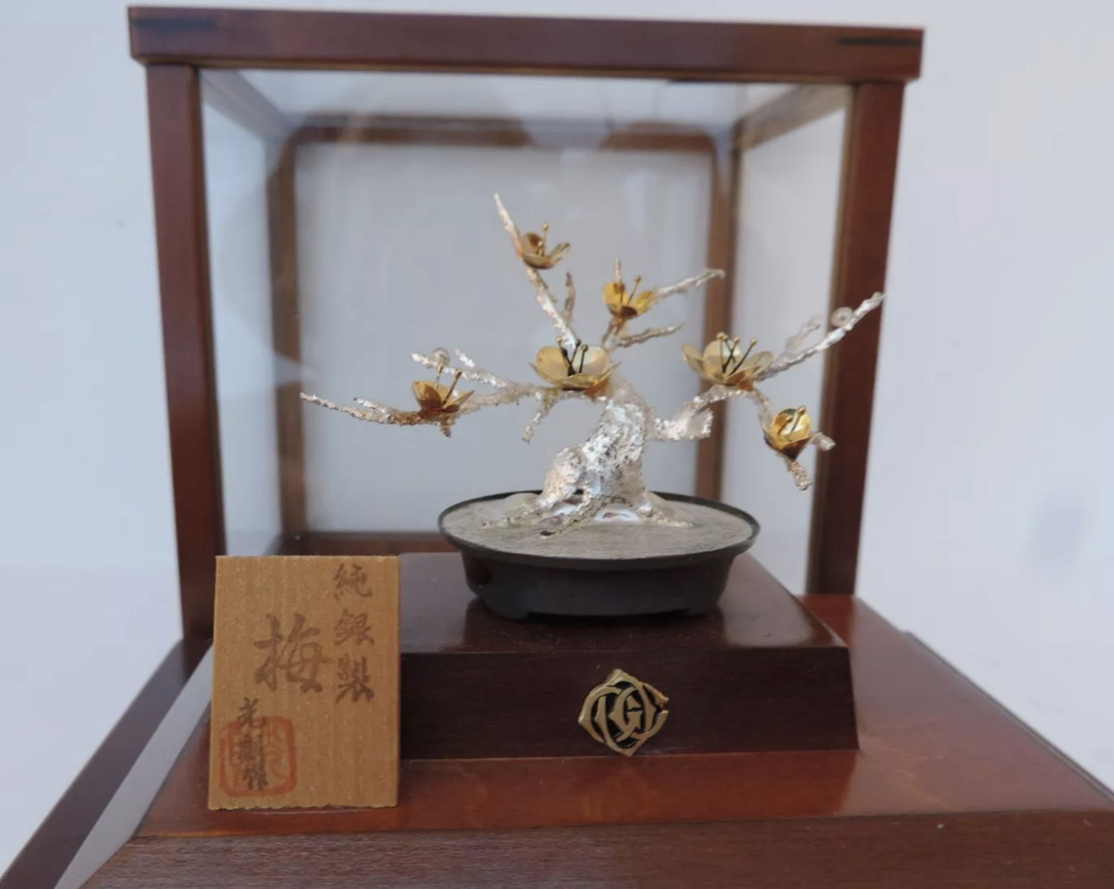 MITSUNORI STERLING SILVER JAPANESE BONSAI PLUM TREE OKIMONO SCULPTURE With Glass Case (1 of 6)