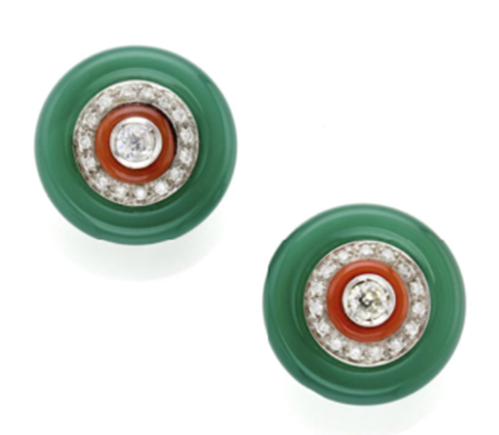 Pair of Diamond and Chalcedony with Coral white gold earrings Stud (1 of 7)