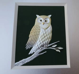 JAPANESE STERLING SILVER 999 OWL IN RELIEF BY TAKEHIKO FRAMED WALL HANGING FINE ART PIECE: JAPANESE STERLING SILVER 999 OWL IN RELIEF BY TAKEHIKO FRAMED WALL HANGING FINE ART PIECE.FINE SILVER 999 FRAMED OWL IN RELIEF WALL HANGING FINE ART PIECE BY MASTER JAPANESE SILVERSMITH SEKI TAKEHIKO