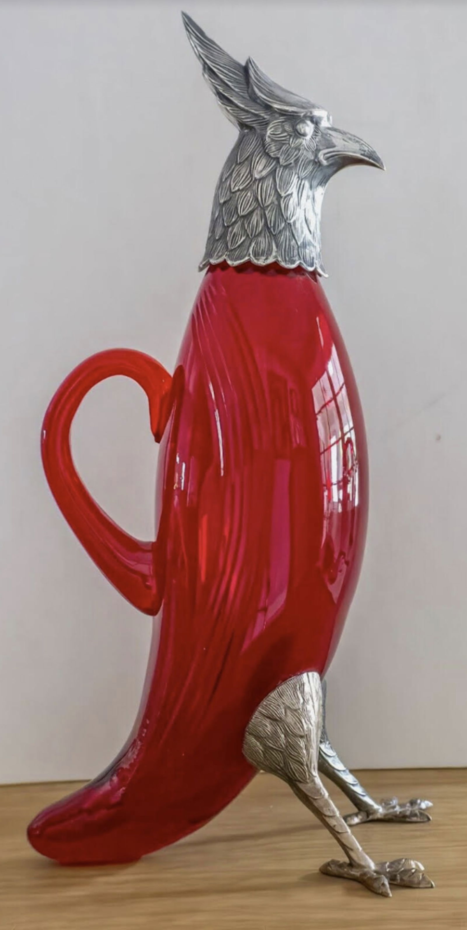 Spanish Sterling Silver Ruby Color Glass Decanter Bird Owl Figurine Pitcher (1 of 7)