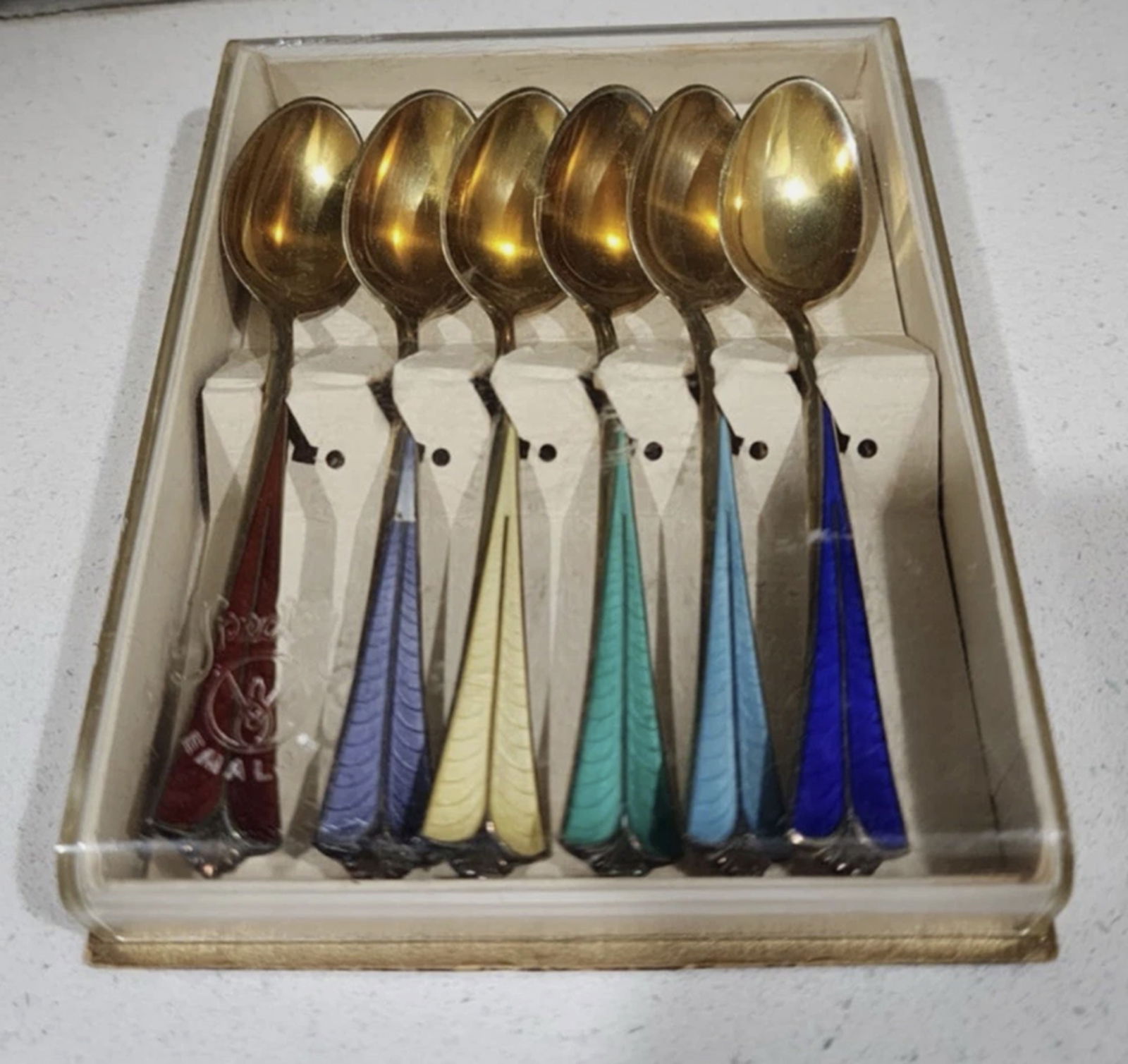 David Anderson Guilloche Enameled Sterling Demitasse Spoons In Original Box Made in Norway: David Anderson Guilloche Enameled Sterling Demitasse Spoons In Original Box