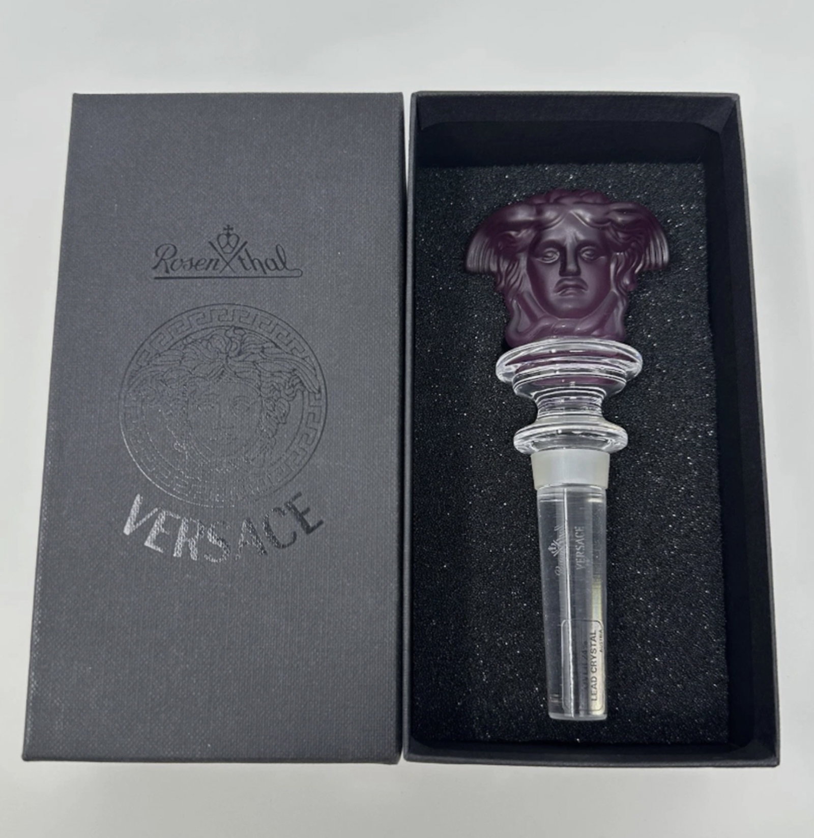 VERSACE Rosenthal "Medusa" Crystal Wine Bottle Stopper With Box: VERSACE Rosenthal "Medusa" Crystal Designer Wine Bottle Stopper With Box
