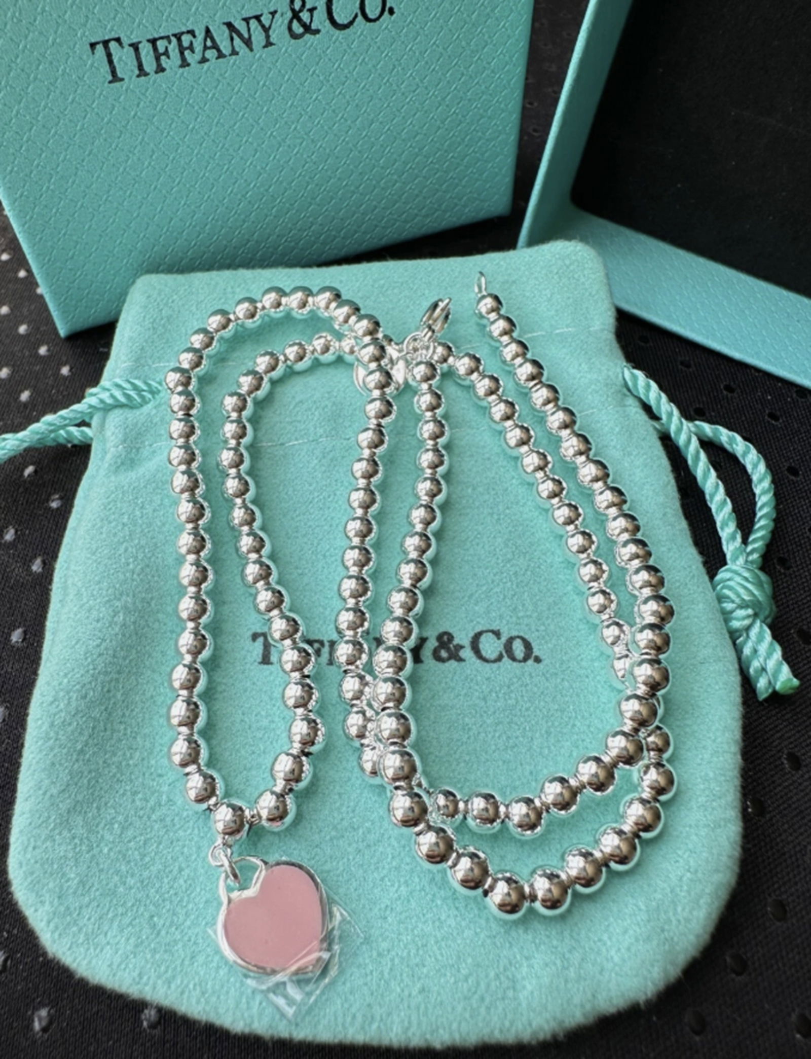 Tiffany & Co Sterling Silver Pink Enamel Heart Pendant & Beaded necklace With Box (1 of 4)