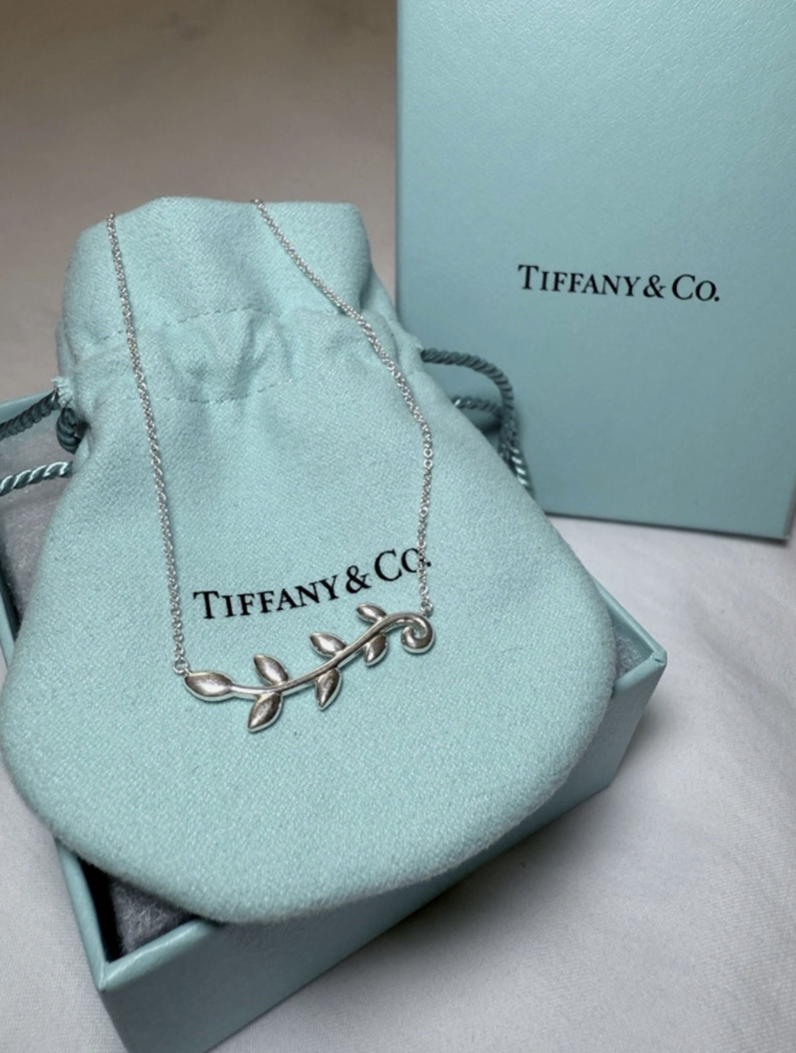 Tiffany & Co Sterling Silver Paloma Picasso Olive Leaf Vine Pendant Necklace 18" With Box (1 of 3)
