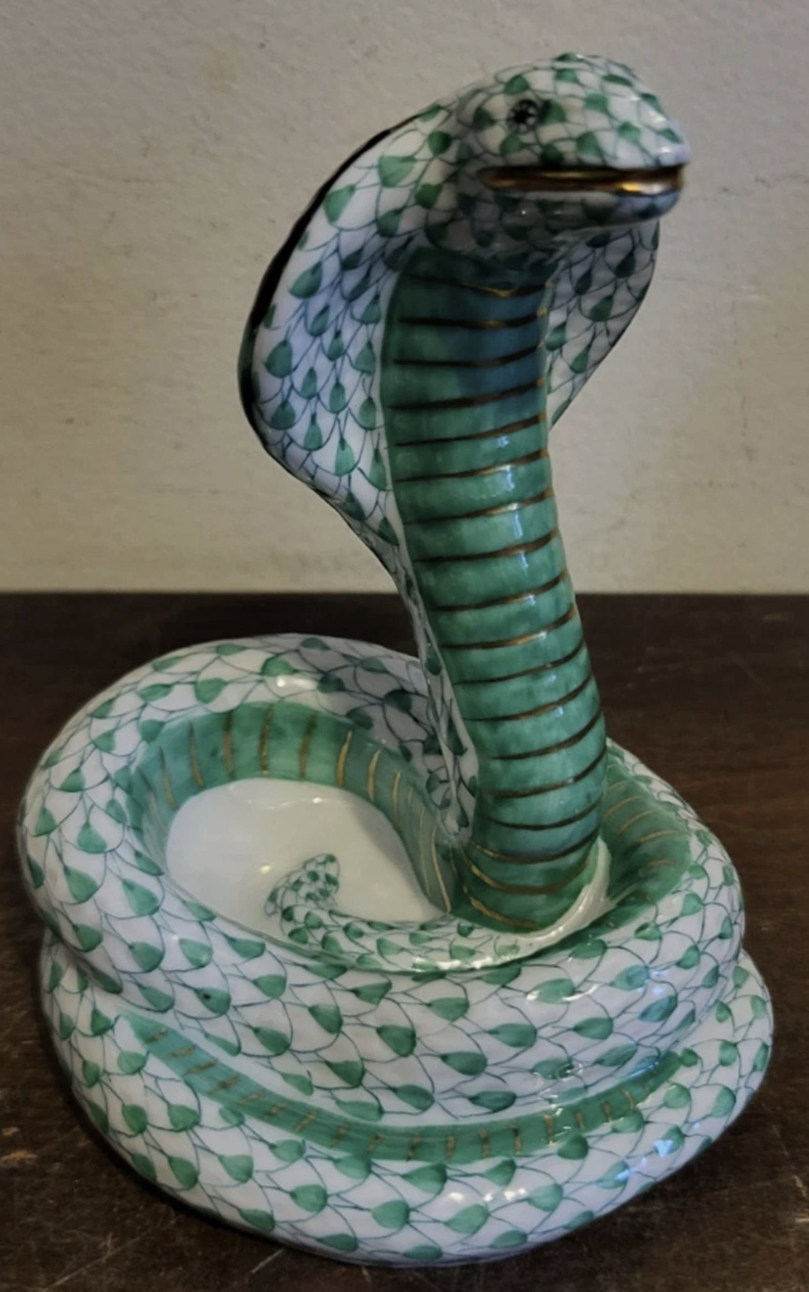 Herend Signed Porcelain Green Cobra Snake Figurine  With 24kt Gold Accents Made in Hungary (1 of 5)