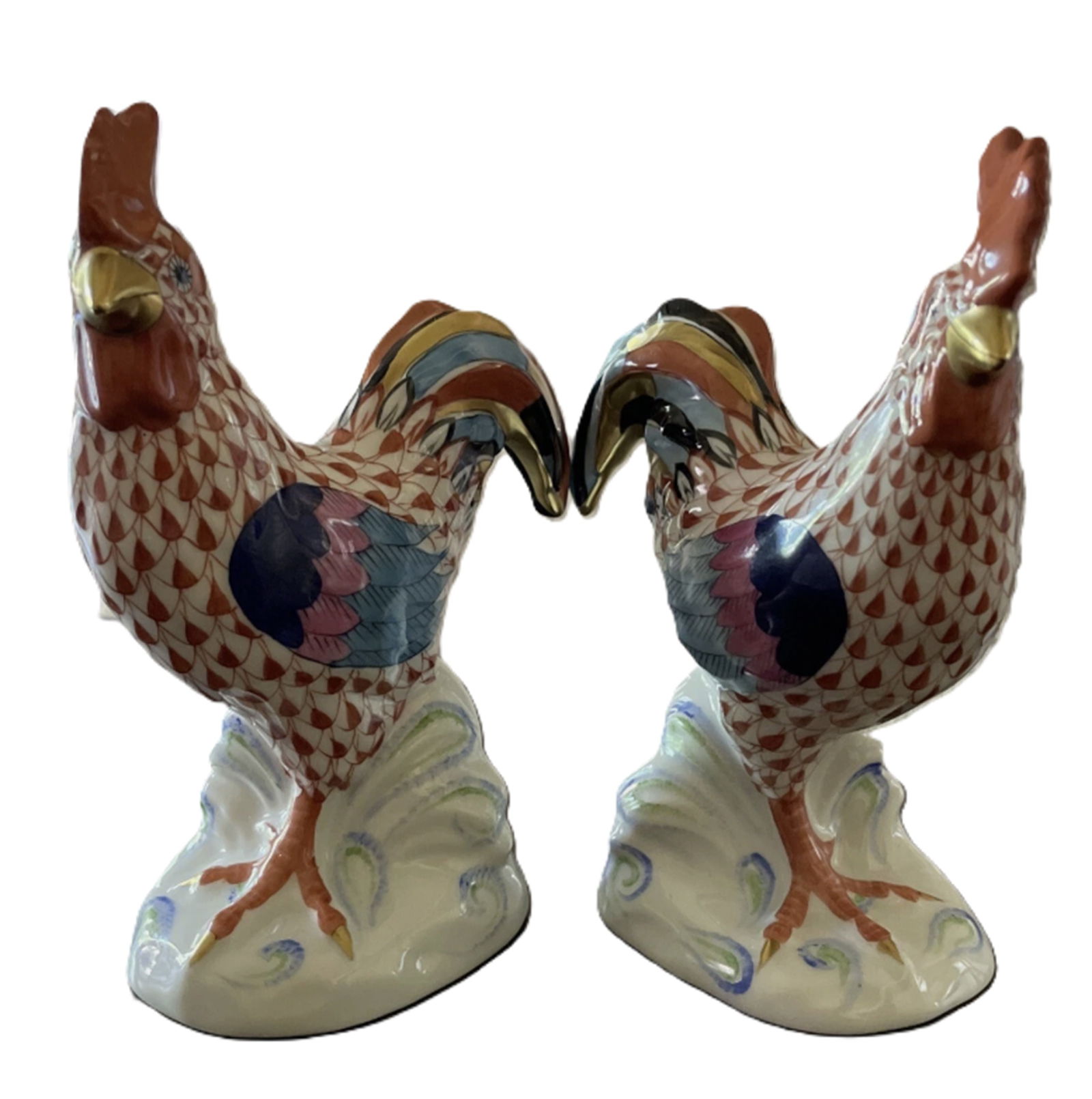 Herend Signed Porcelain Rust Fishnet Rooster Pair Made in Hungary (1 of 8)