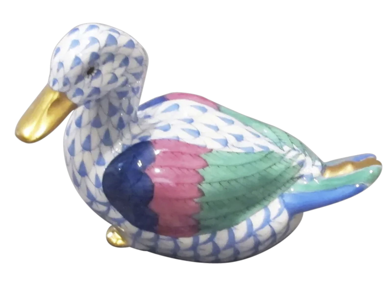 Herend Signed Porcelain Blue Fishnet Duck Figurine  With 24kt Gold Accents Made in Hungary (1 of 4)