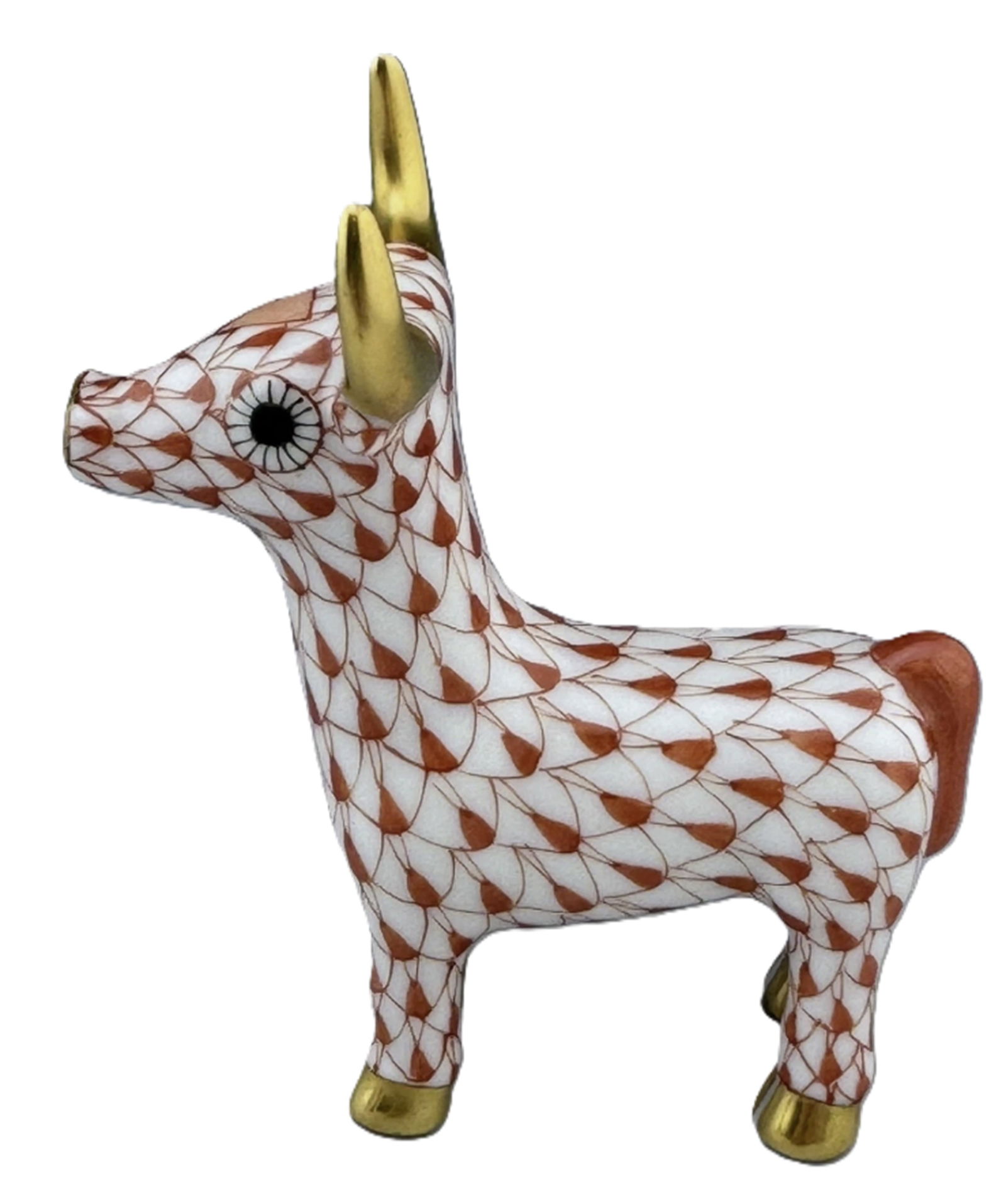 Herend Signed Porcelain Rust Fishnet Cow With 24kt Gold Accents Made in Hungary (1 of 5)