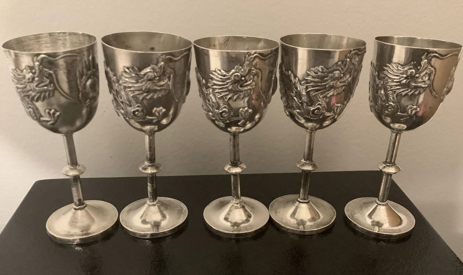 CHINESE EXPORT STERLING SILVER DRAGON CORDIAL Shot Cups Set of 4 (1 of 6)