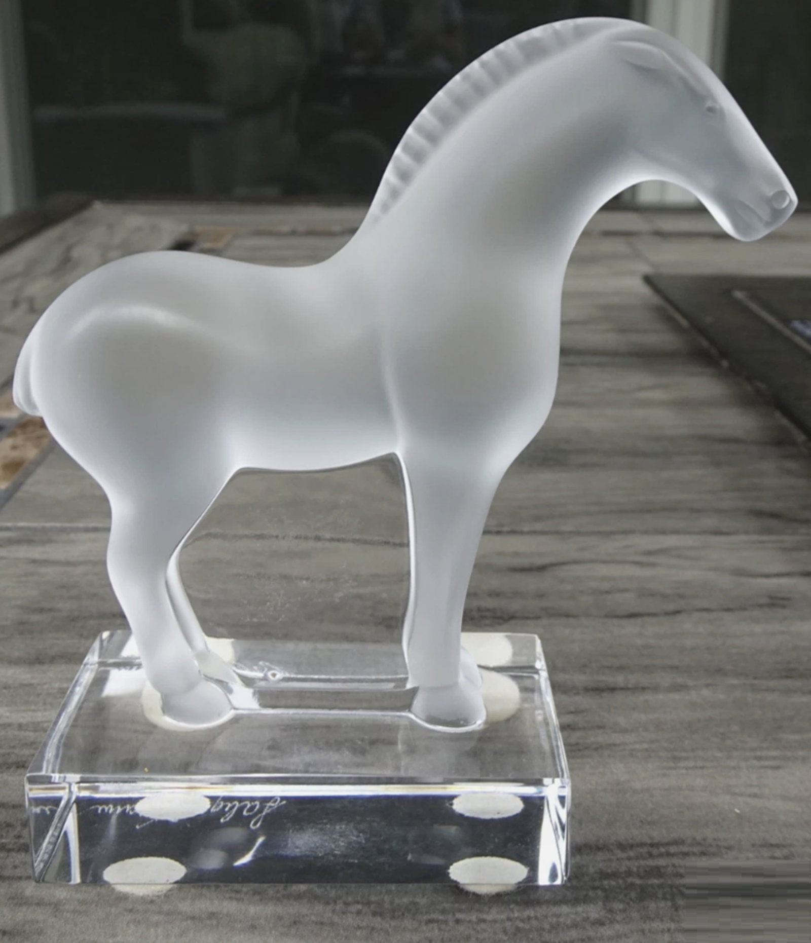 Lalique Signed Crystal Tang Horse Made in France: Lalique Signed Crystal Tang Horse Made in France. Measures: 3.90" Tall x 3.55" Long No Chips or cracks