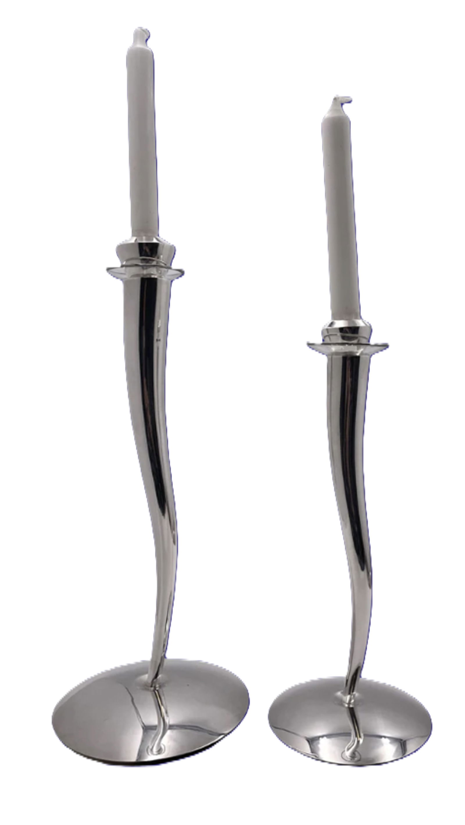 Rare Pair of Pomellato Sterling Silver Candlesticks in Mid-Century Modern Style, Made in Italy: Rare Pair of Pomellato Sterling Silver Candlesticks in Mid-Century Modern Style, Made in Italy. Sleek, minimalist design typical of Mid-Century Italian silversmiths. The tallest measures 16'' in heigh