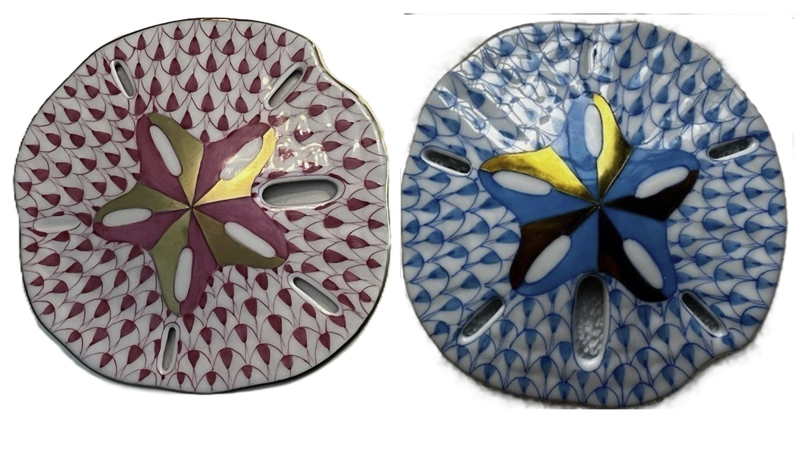 Herend Signed Porcelain Blue and Pinkk Fishnet Starfish Figurine With 24kt Gold Accents Set of 2 (1 of 8)