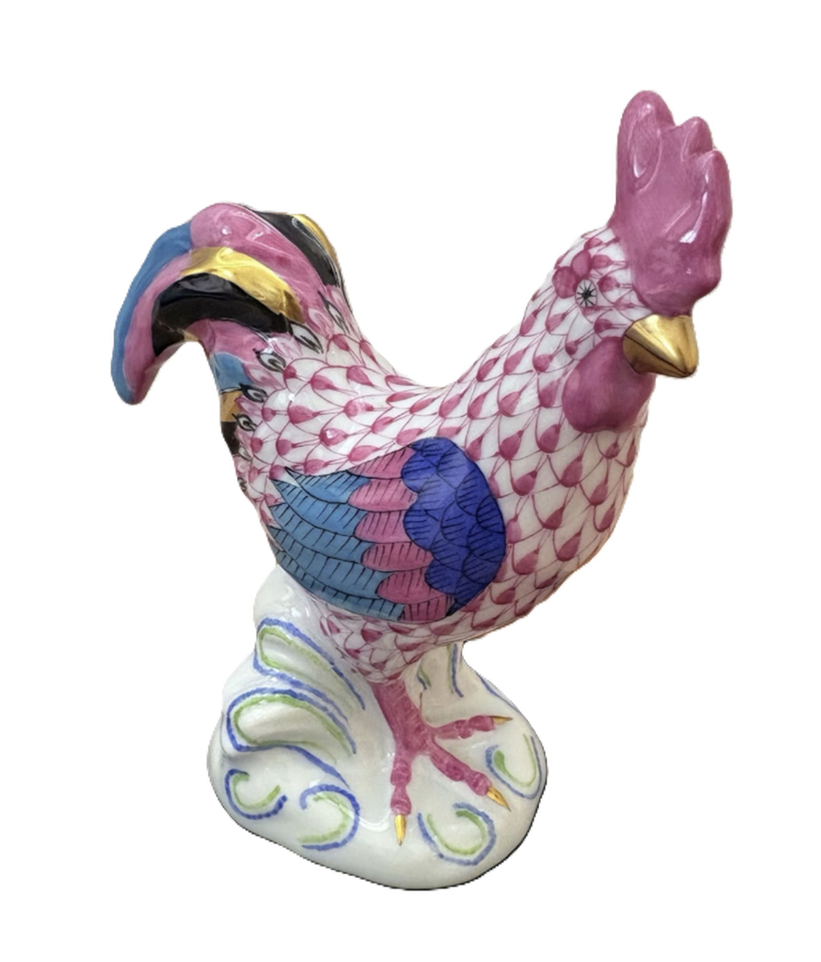 Herend Signed Porcelain Pink Rooster Fishnet Figurine  With 24kt Gold Accents Made in Hungary (1 of 6)