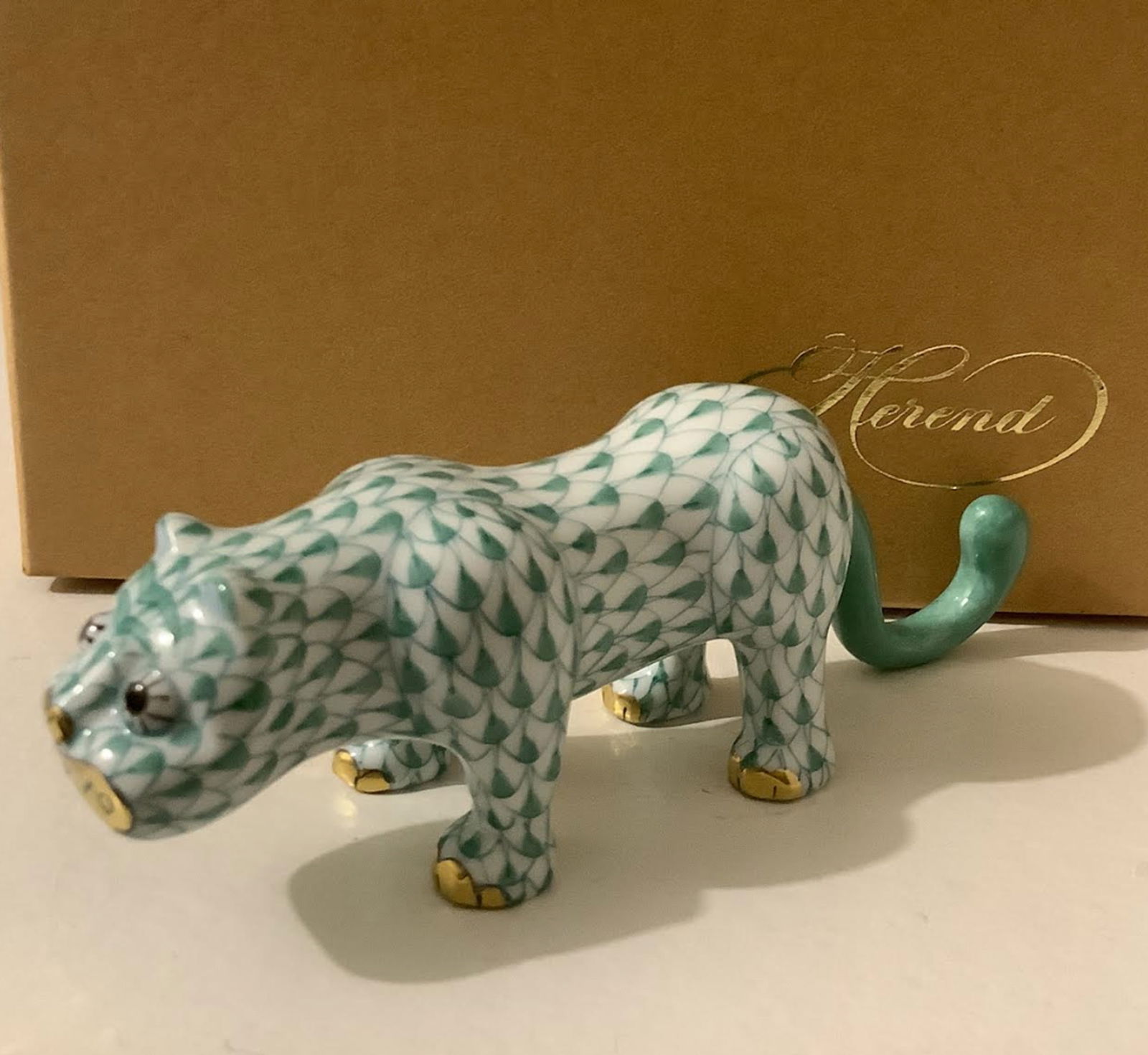 Herend Signed Porcelain Green Fishnet Tiger Figurine  With 24kt Gold Accents Made in Hungary With (1 of 6)