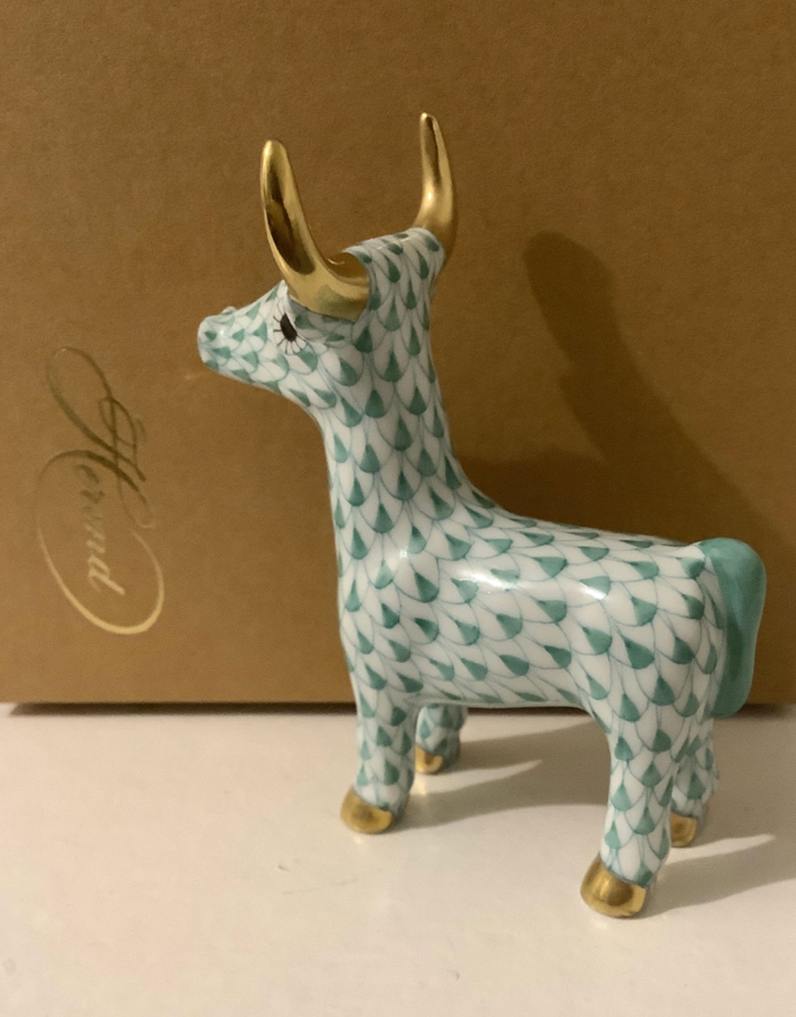 Herend Signed Porcelain Green Fishnet Calf Figurine  With 24kt Gold Accents Made in Hungary With Box (1 of 7)