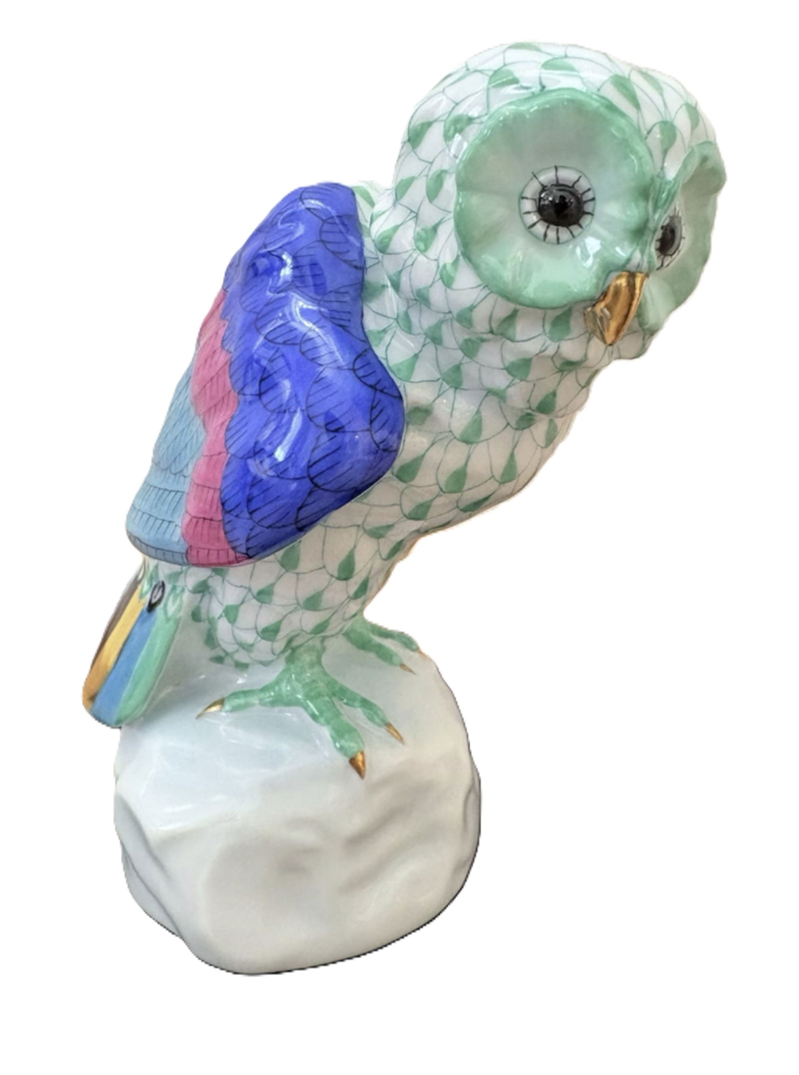 Herend Signed Porcelain Green Fishnet Owl Figurine  With 24kt Gold Accents Made in Hungary (1 of 6)